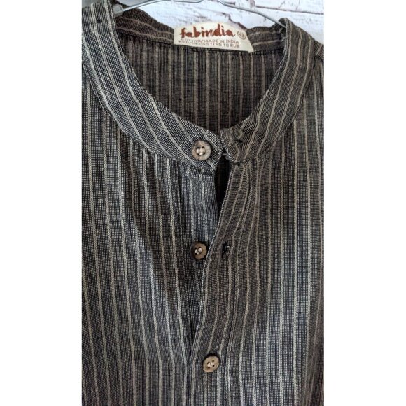 New Kurta Shirt Men 1/3 Button Up Brown 100% Cotton Striped Cuffless Long Sleeve - Picture 3 of 11